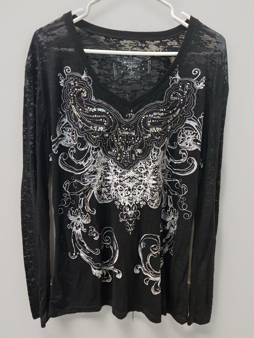 Rock & Roll Cowgirl Black V-Neck Graphic Tee with Silver Accents